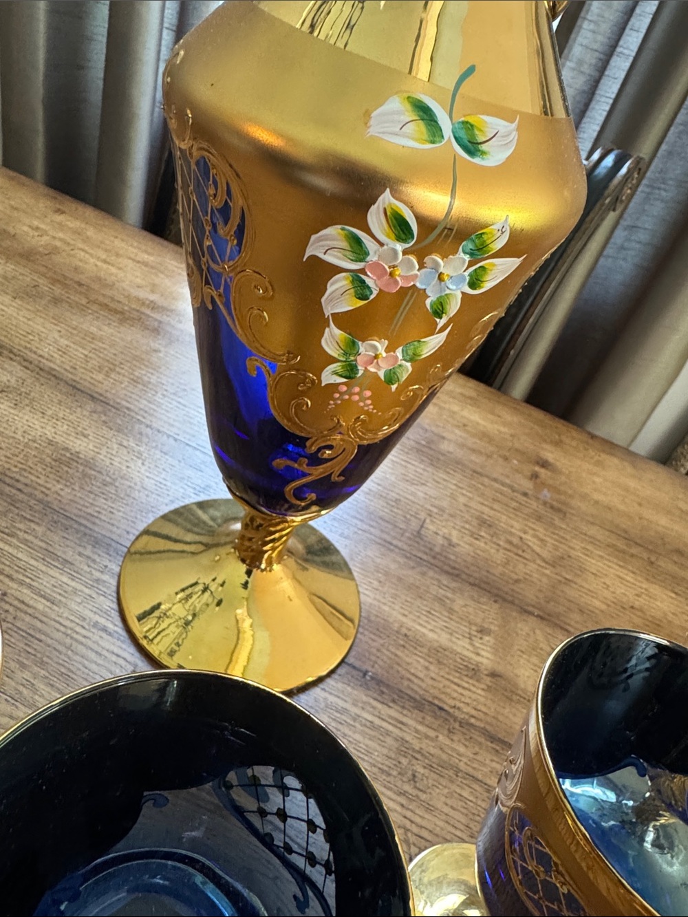 MURANO Venice Italy Blue Glass Decanter Set 7 | 6 Wine Glasses 24kt Gold Leaf - Picture 10 of 10